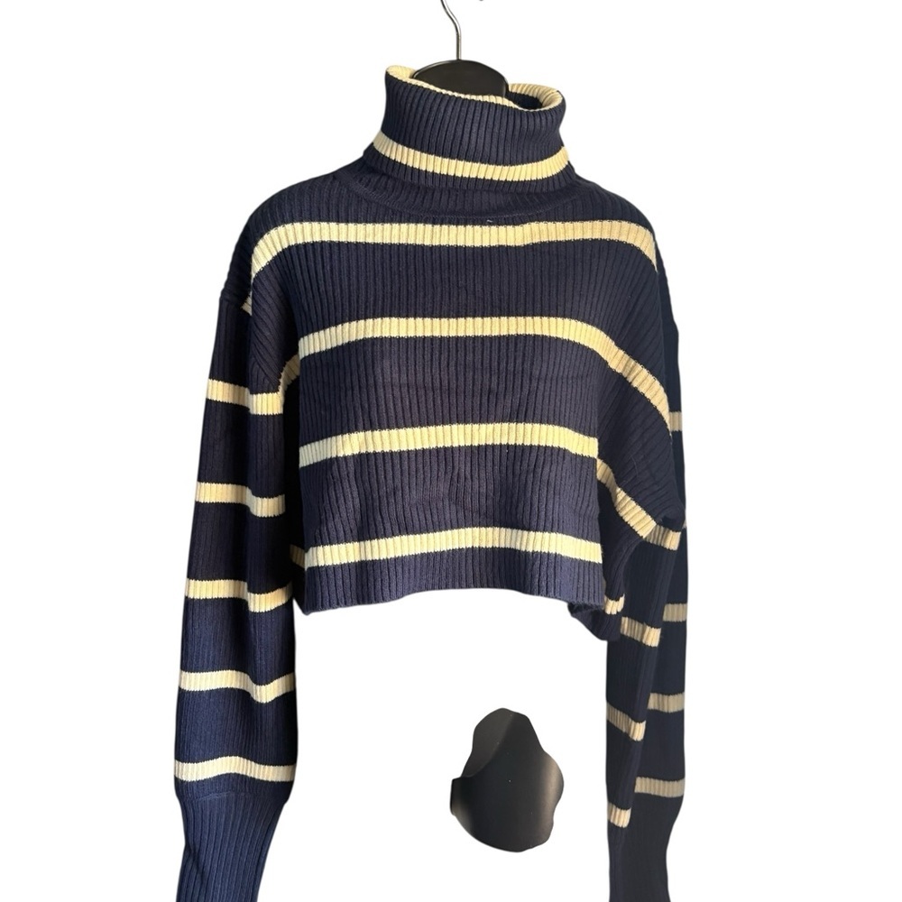 Altar'd State Navy and Cream Striped Turtleneck cropped Sweater Sz M preloved